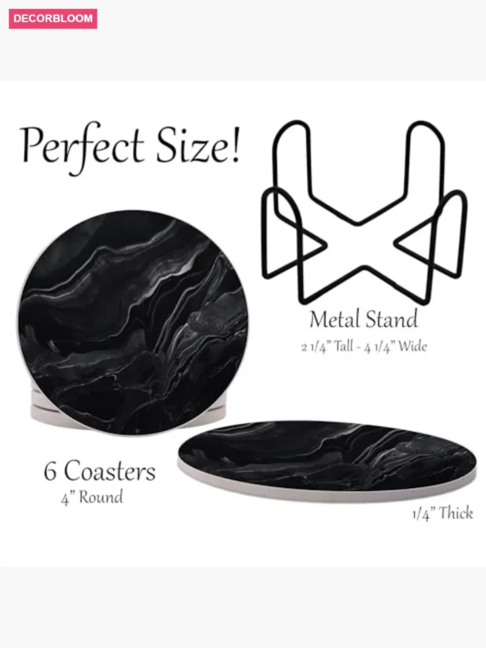 Set of 6 Ceramic Round Coasters with Metal Stand, Absorbent, Cork Back, 4 Inch